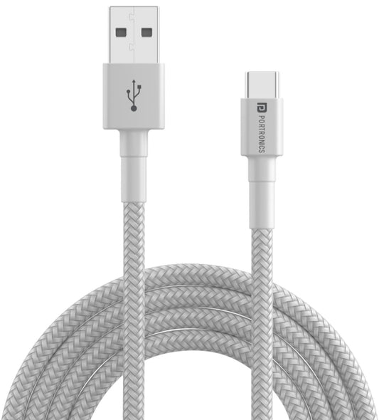 Portronics Konnect B Type C Cable with 3.0A Output, Nylon Braided, Fast Data Sync, Tangle Resistant, 1M Length(White)