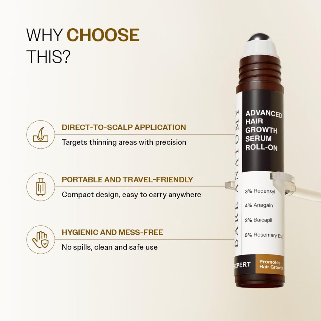 Bare Anatomy Advanced Hair Growth Serum Roll-On| 3% Redensyl + 4% Anagain + 2% Baicapil + 5% Rosemary, Rice Water, Biotin & Saw Palmetto| Reduces Hair Fall, Supports Hair Growth for Men & Women | 25ml Without Box