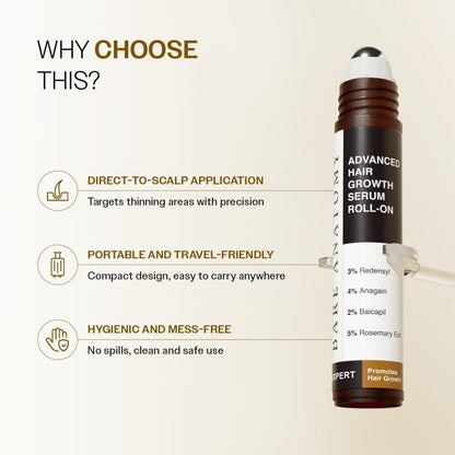 Bare Anatomy Advanced Hair Growth Serum Roll-On| 3% Redensyl + 4% Anagain + 2% Baicapil + 5% Rosemary, Rice Water, Biotin & Saw Palmetto| Reduces Hair Fall, Supports Hair Growth for Men & Women | 25ml Without Box