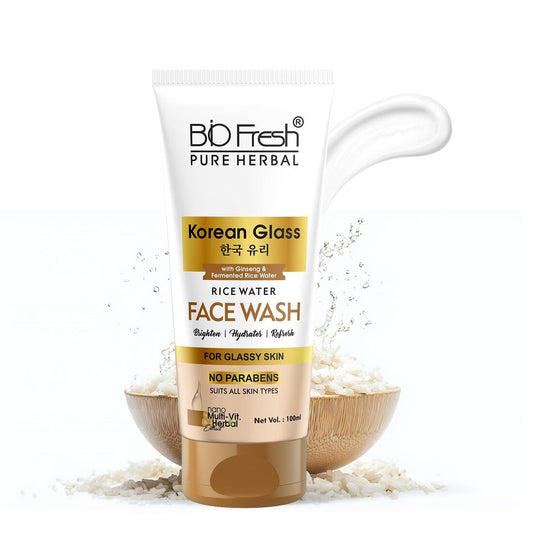 BIOFRESH Pure Herbal Korean Glass Rice Water Face Wash - 100Ml, Ginseng & Fermented Rice Water, Brightening & Hydrating Cleanser for Glassy, Radiant Skin, No Parabens, Nano Multi-Vit Herbal Extract, Suitable for All Skin Types