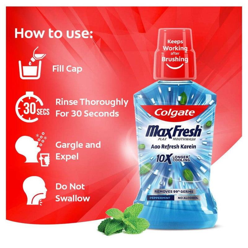 Colgate MaxFresh Longer Cooling 10X Peppermint Mouthwash 250ml Pack of 2