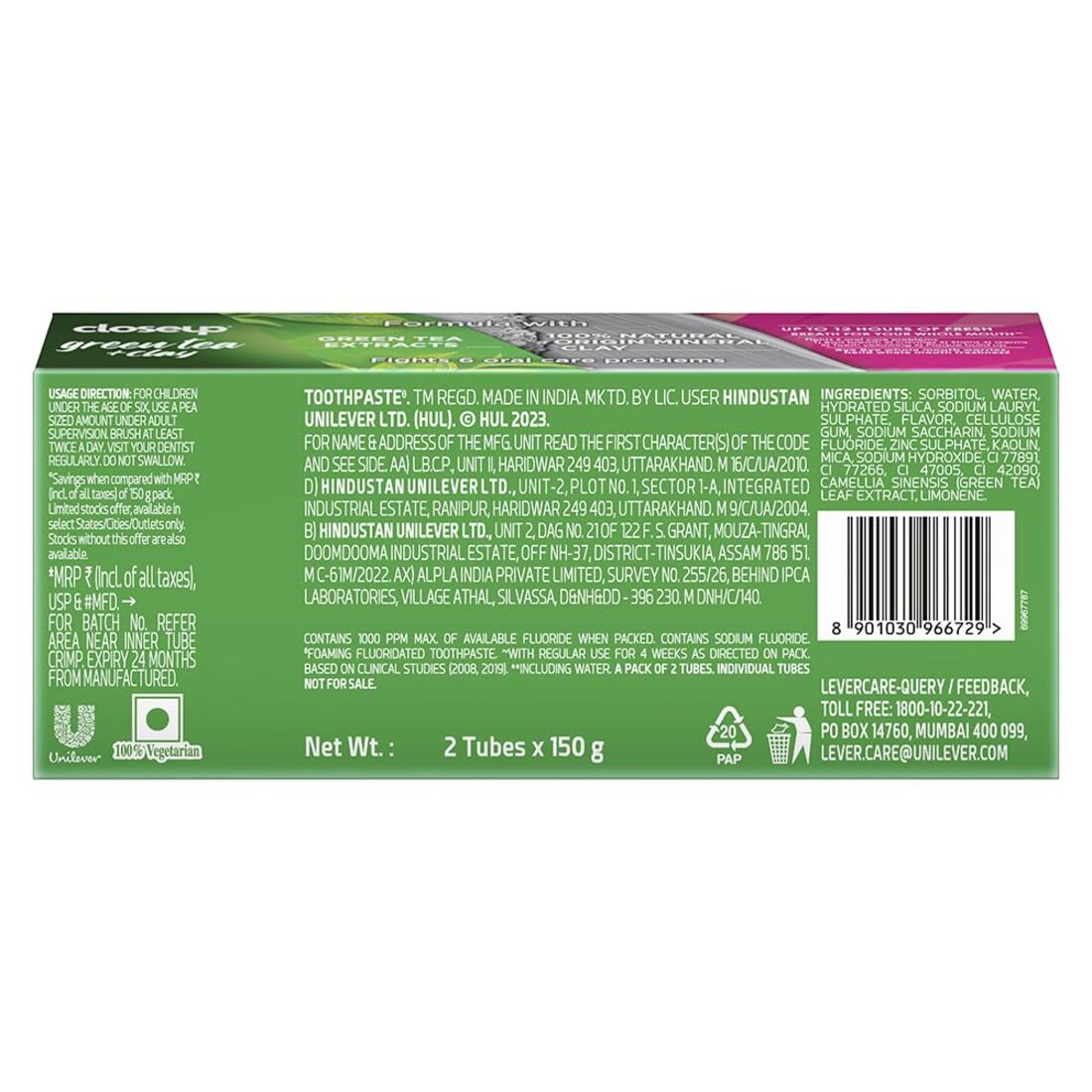 Closeup Fights 6 Oral Care Toothpaste Green Tea + Clay (150gm x 2)