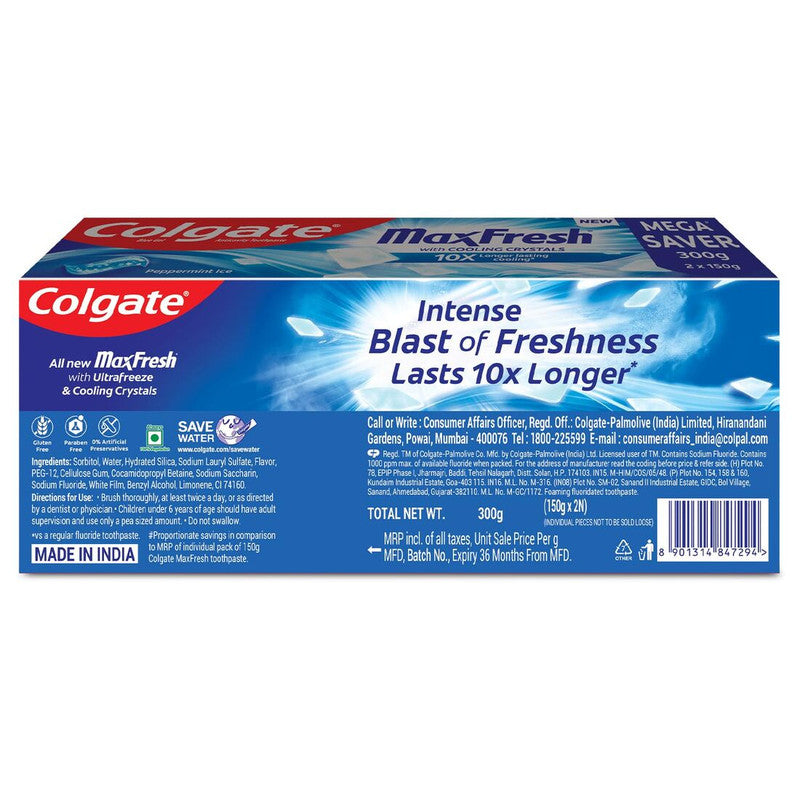 Colgate MaxFresh With Cooling Crystals 10X Peppermint Ice Toothpaste (2X150g) Pack of 2