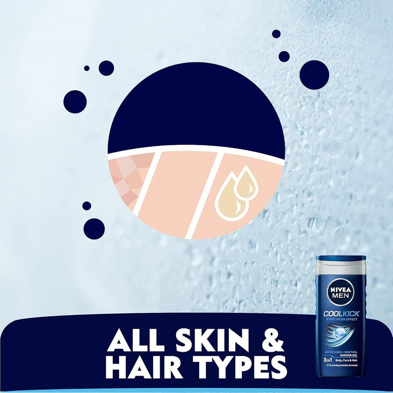 Nivea Men CoolKick Refreshing + Menthol Shower Gel 250ml Pack of 3