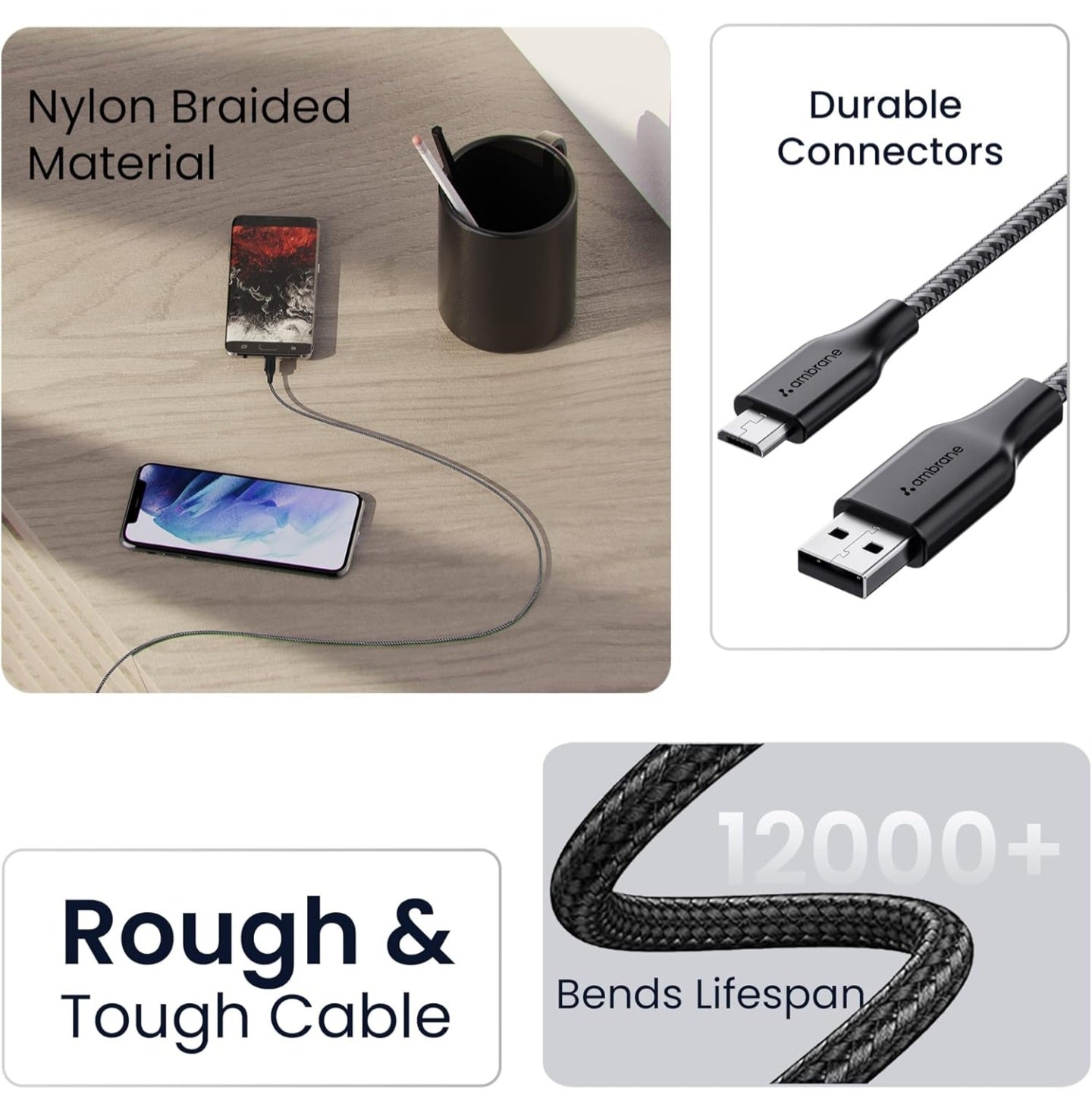 Ambrane Unbreakable 3A Fast Charging 1.5m Braided Micro USB Cable for Smartphones, Tablets, Laptops & other Micro USB devices, 480Mbps Data Sync, Quick Charge 3.0 (RCM15, Black)