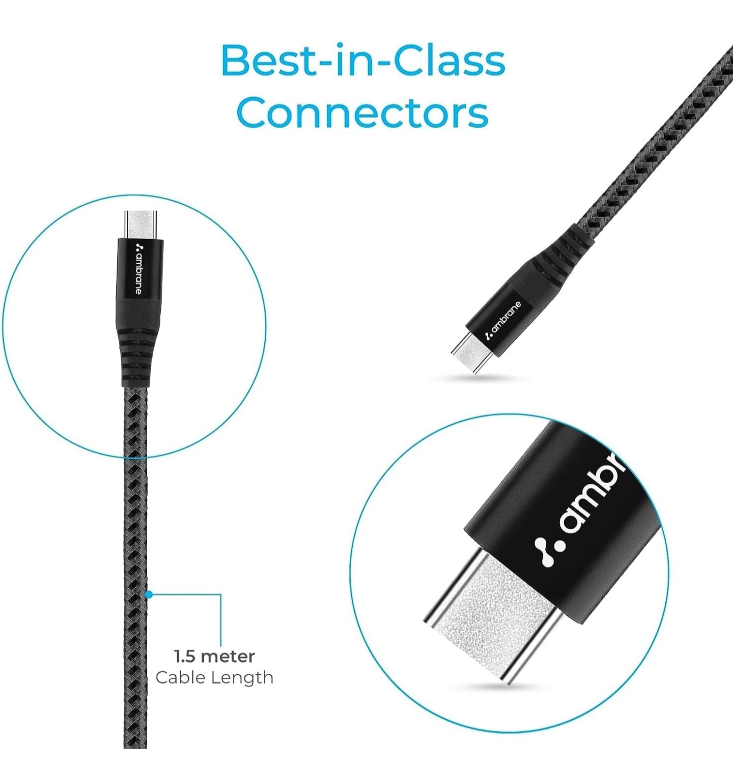 Ambrane Unbreakable 60W Fast Charging 1.5M Braided Type C to Type C Cable for Smartphones, Tablets, Laptops & other Type C devices, PD Technology, 480Mbps Data Sync (RCTT15, Black)