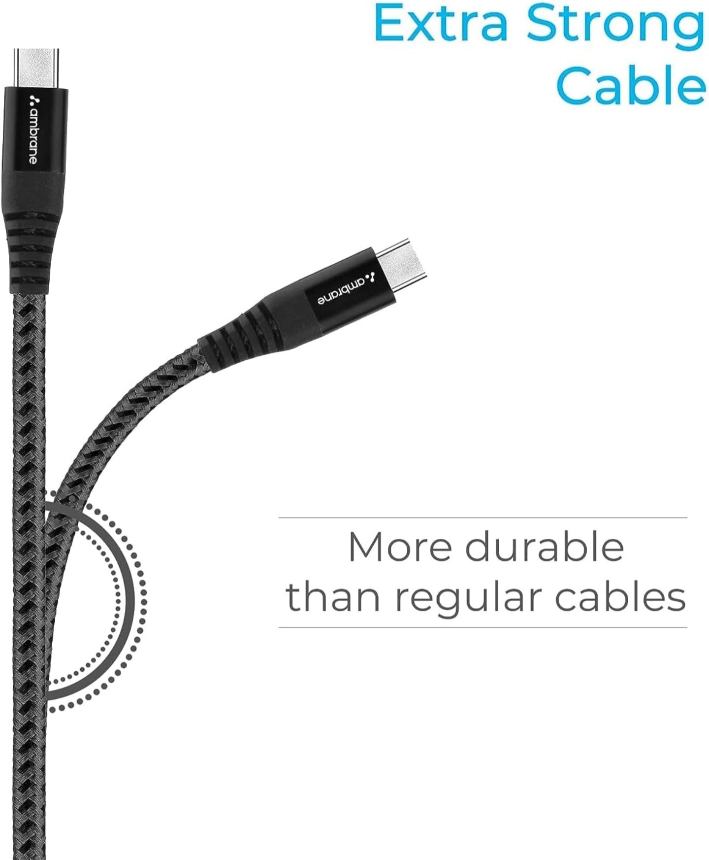 Ambrane Unbreakable 60W Fast Charging 1.5M Braided Type C to Type C Cable for Smartphones, Tablets, Laptops & other Type C devices, PD Technology, 480Mbps Data Sync (RCTT15, Black)