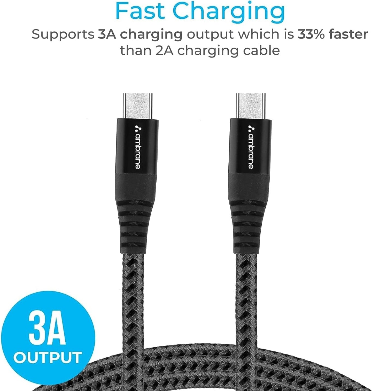 Ambrane Unbreakable 60W Fast Charging 1.5M Braided Type C to Type C Cable for Smartphones, Tablets, Laptops & other Type C devices, PD Technology, 480Mbps Data Sync (RCTT15, Black)