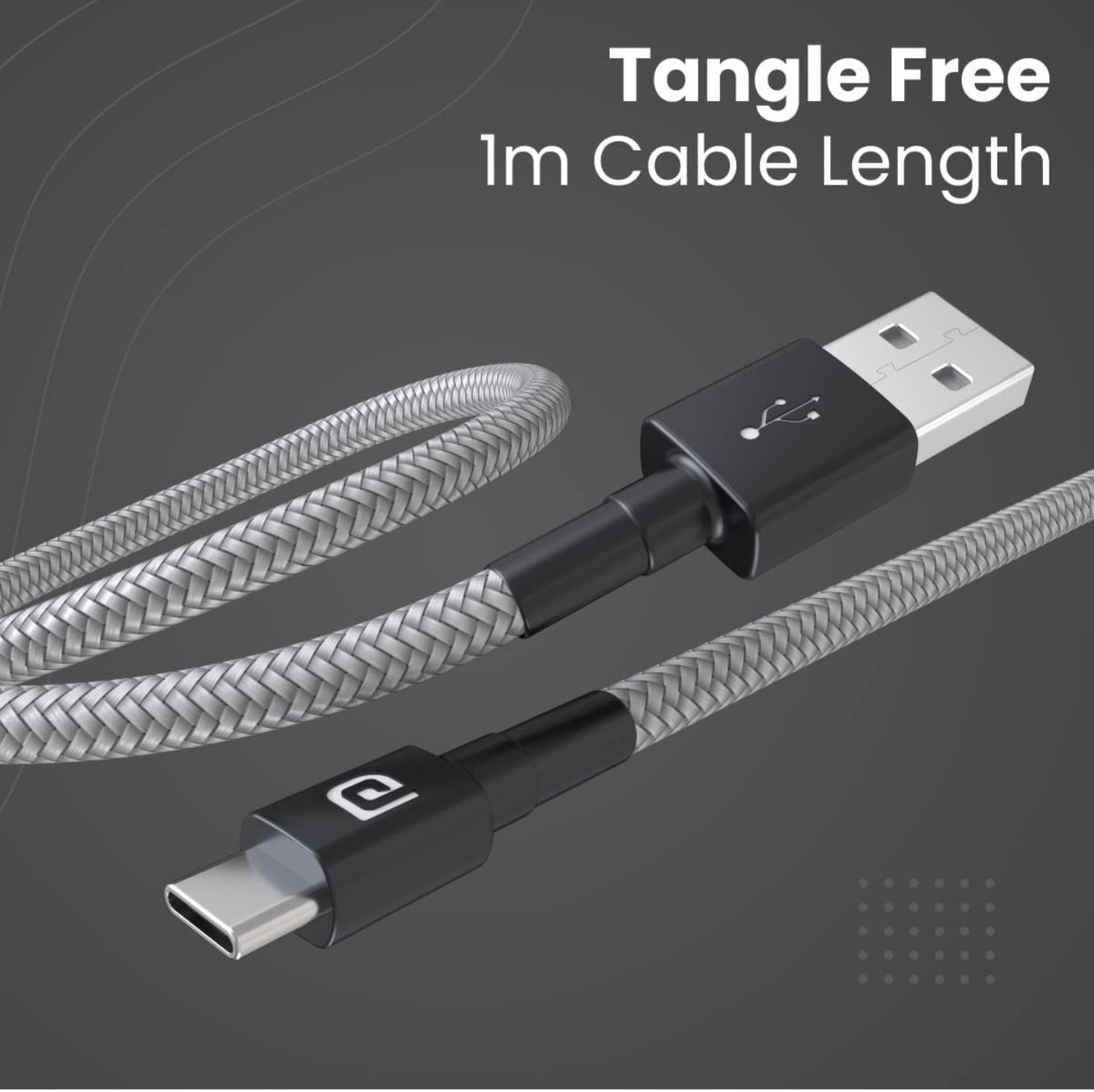 Portronics Konnect B Type C Cable with 3.0A Output, Nylon Braided, Fast Data Sync, Tangle Resistant, 1M Length(Grey)