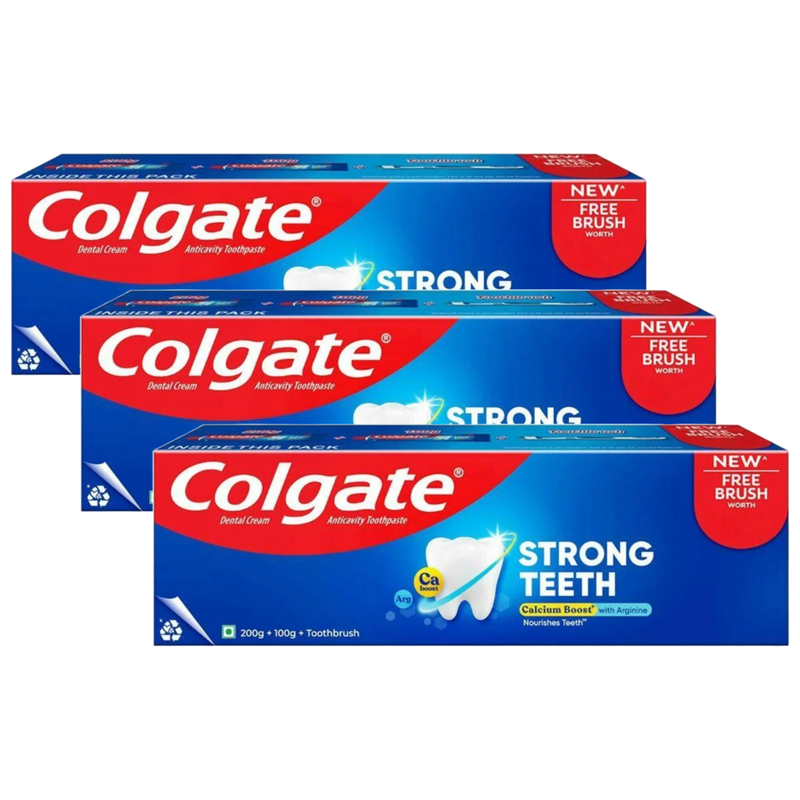 Colgate Strong Teeth Anticavity Toothpaste + ToothBrush 300g Pack of 3