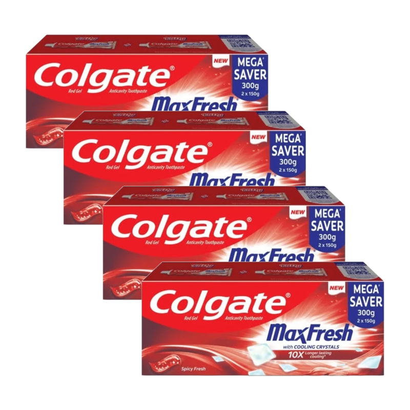 Colgate MaxFresh With Cooling Crystals 10X Spicy Fresh Toothpaste (2X150g) Pack of 4