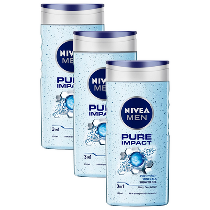 Nivea Men Pure Impact Purifying + Minerals Shower Gel 250ml Pack of 3