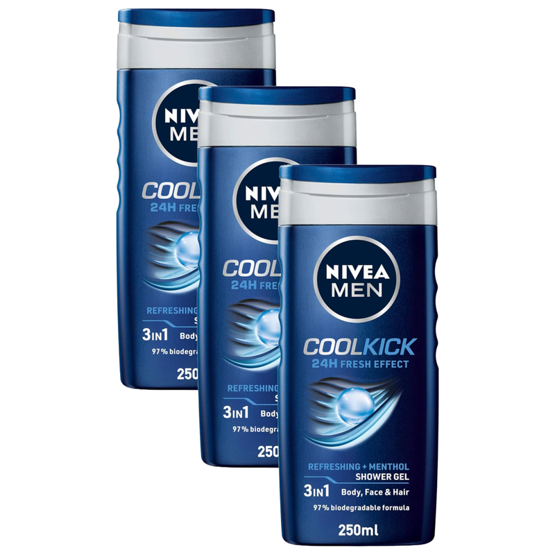 Nivea Men CoolKick Refreshing + Menthol Shower Gel 250ml Pack of 3