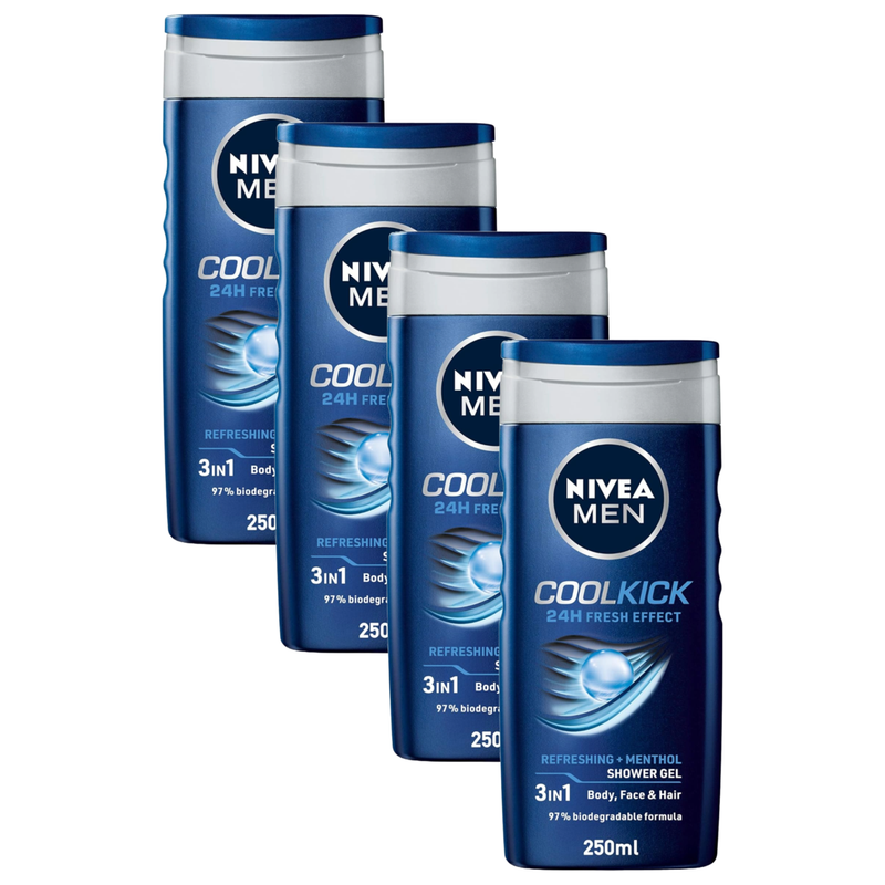 Nivea Men CoolKick Refreshing + Menthol Shower Gel 250ml Pack of 4